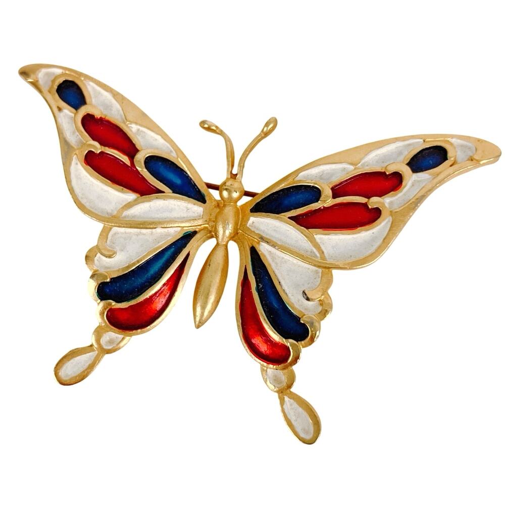 Vintage 1960s Enamel Patriotic Butterfly Brooch Red White Blue Gold Tone